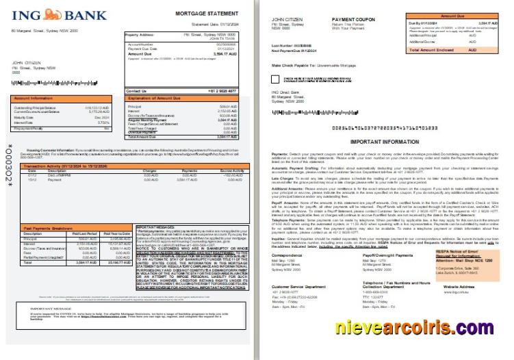 Australia ING Direct bank mortgage statement, 3 pages, 1-2
